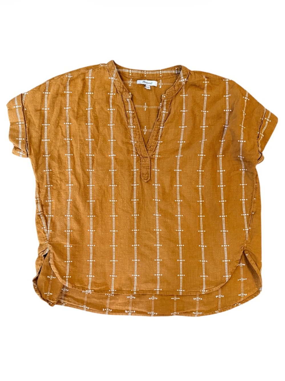 Madewell Rust Short-Sleeve V-Neck Tunic with White Embroidered Stripe